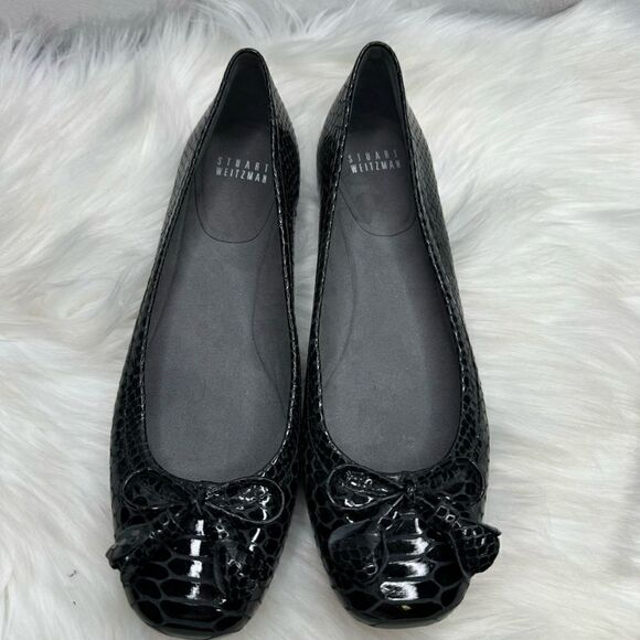 Stuart Weitzman Snakeskin Patent Leather Bow Tassel Flats 7.5 - Picture 2 of 9
